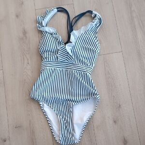 Amazon Women's Blue and White Striped Swimsuit